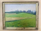 an oil painting of a green field with a church in the distance