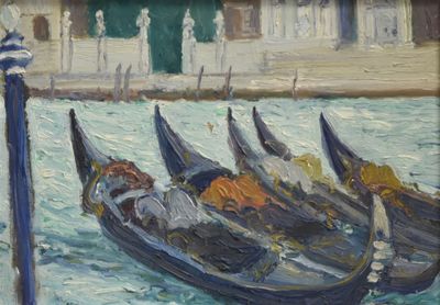 a painting of a gondola in the water