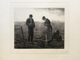 two men standing in a field with a dog