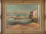 an oil painting of a beach scene with boats and a building