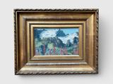 a painting of a mountain scene with flowers in a gold frame