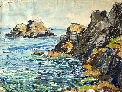 a painting of a painting of a rocky coast