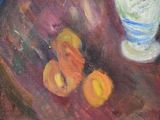 a painting of a vase and two oranges on a table