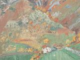 une peinture représentant une montagne avec une maison au milieu