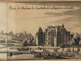 un vieux dessin représentant un château avec un bateau devant