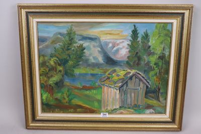 une peinture à l'huile représentant une cabane dans les bois, avec une montagne en arrière-plan