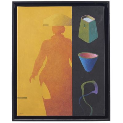 une image représentant un tableau sur lequel figure un homme coiffé d'un chapeau et tenant un vase