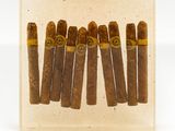 five cigars in a glass box with a white background