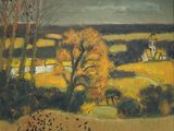 an image of a painting of a field with trees and a church in the distance