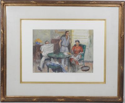 tableau représentant un homme et une femme assis à une table dans une pièce