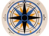 a white plate with a blue and yellow compass on it