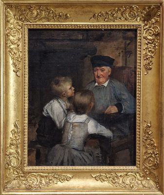 un vieux tableau représentant un homme et deux enfants devant une table