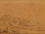 an old picture of a group of people riding horses on a dirt road