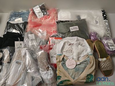 a box full of clothes and shoes that are on the table