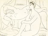 un dessin représentant une femme assise sur un lit à côté d'un homme