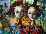 un tableau représentant deux personnes portant des chapeaux et un haut-de-forme