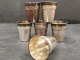 six silver cups are lined up in a row on a table