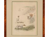 tableau représentant deux chiens poursuivant un oiseau dans un champ, avec un autre oiseau en arrière-plan