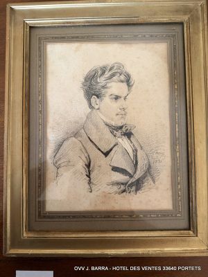 a drawing of a man in a suit and tie in a gold frame