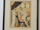framed picture of a woman getting her hair done by a barber