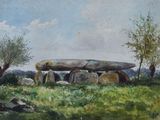 tableau représentant un menhir dans un champ, avec des arbres en arrière-plan