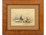 painting of a man and a dog in a canoe on a beach