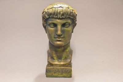 bronze bust of a young man with short hair on a white surface