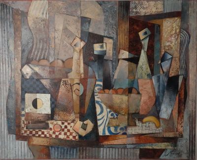 une peinture représentant une nature morte avec un vase et d'autres objets