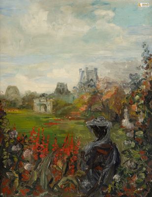 tableau représentant une femme dans un jardin, avec des fleurs et un château en arrière-plan