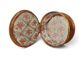 pair of antique gold and pink floral earrings on white background