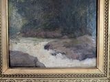 an oil painting of a river with rocks and trees in the background