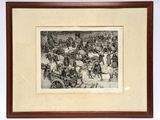a black and white drawing of a group of people in a wagon