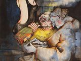l'image d'un tableau représentant un homme et une femme assis sur un canapé