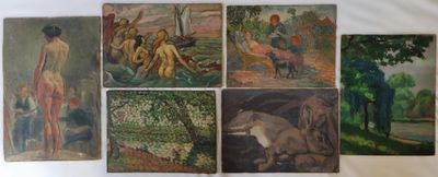 de nombreux tableaux représentant des personnes et des animaux accrochés au mur