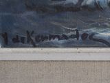 a painting on the wall of a building with a picture of a boat in the water