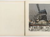 an open book with a drawing of a windmill in the background