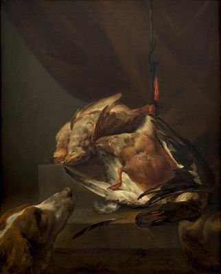 a painting of two dogs and a dead bird on a table