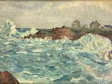 an image of a painting of waves crashing on a rocky shore