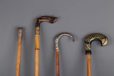 several different types of walking canes are lined up against a gray background