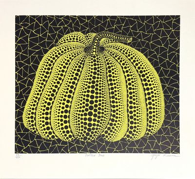 an image of a painting of a yellow pumpkin on a black background