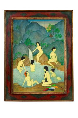 an image of a painting of a group of people bathing in a body of water