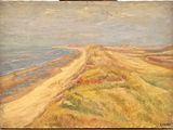 an oil painting of a beach scene with a path leading to the ocean