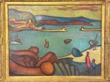 an image of a painting of a man and a woman on a beach