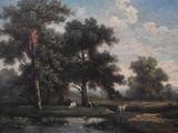 a painting of a man and a dog by a river