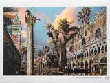 une photo d'une carte postale représentant une scène de rue avec des palmiers