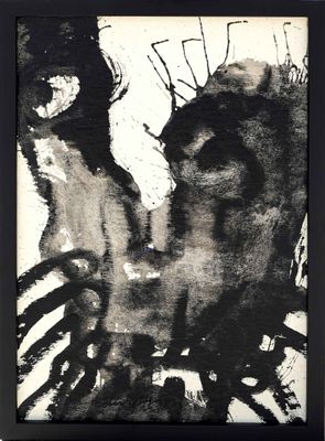 black and white painting of a man and a woman kissing