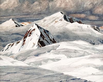 tableau représentant une chaîne de montagnes enneigée sur laquelle marchent quelques personnes