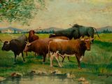 a painting of a herd of cattle in a field