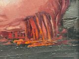 une peinture à l'huile représentant un grand objet rouge au milieu d'un plan d'eau