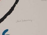 a painting of a red, blue, and black bird on a white background